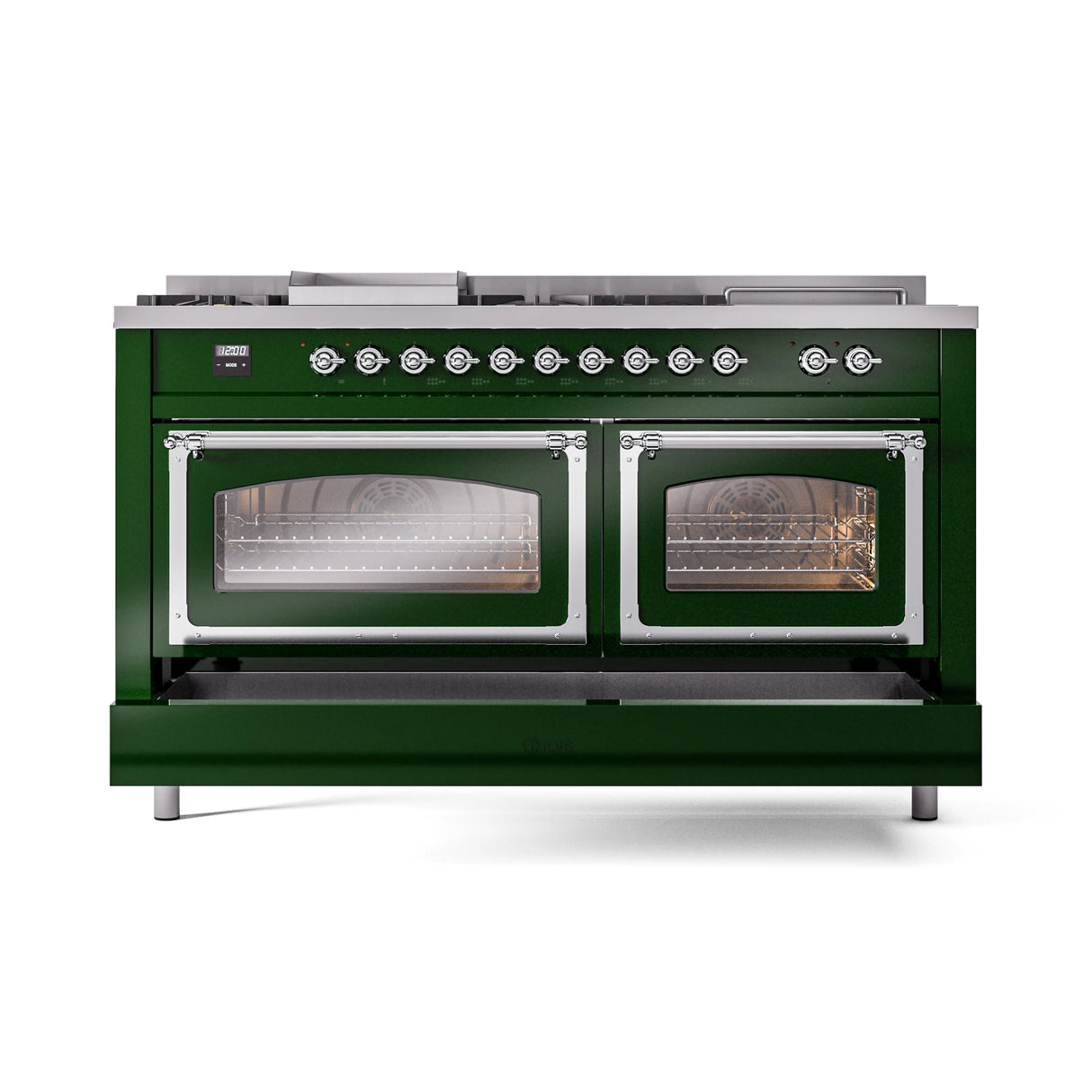 ILVE 60-Inch Nostalgie II Noblesse Natural Gas Dual Fuel Range with 7 Sealed Burners, Griddle, French Top, and Triple Glass Door Oven in Emerald Green with Chrome Trim (UN60FSNMPEGC)