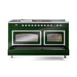 ILVE 60-Inch Nostalgie II Noblesse Natural Gas Dual Fuel Range with 7 Sealed Burners, Griddle, French Top, and Triple Glass Door Oven in Emerald Green with Chrome Trim (UN60FSNMPEGC)