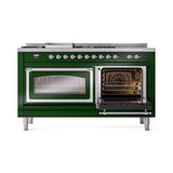 ILVE 60-Inch Nostalgie II Noblesse Natural Gas Dual Fuel Range with 7 Sealed Burners, Griddle, French Top, and Triple Glass Door Oven in Emerald Green with Chrome Trim (UN60FSNMPEGC)