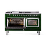ILVE 60-Inch Nostalgie II Noblesse Natural Gas Dual Fuel Range with 7 Sealed Burners, Griddle, French Top, and Triple Glass Door Oven in Emerald Green with Chrome Trim (UN60FSNMPEGC)