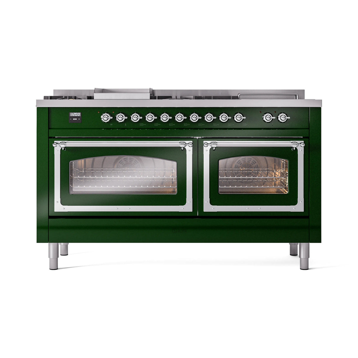 ILVE 60-Inch Nostalgie II Noblesse Natural Gas Dual Fuel Range with 7 Sealed Burners, Griddle, French Top, and Triple Glass Door Oven in Emerald Green with Chrome Trim (UN60FSNMPEGC)