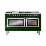 ILVE 60-Inch Nostalgie II Noblesse Natural Gas Dual Fuel Range with 7 Sealed Burners, Griddle, French Top, and Triple Glass Door Oven in Emerald Green with Chrome Trim (UN60FSNMPEGC)