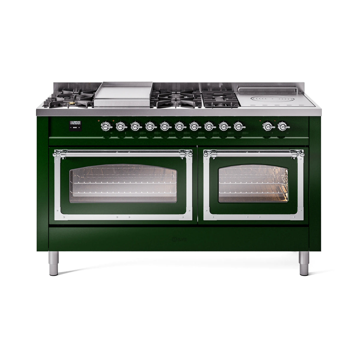 ILVE 60-Inch Nostalgie II Noblesse Natural Gas Dual Fuel Range with 7 Sealed Burners, Griddle, French Top, and Triple Glass Door Oven in Emerald Green with Chrome Trim (UN60FSNMPEGC)