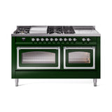 ILVE 60-Inch Nostalgie II Noblesse Natural Gas Dual Fuel Range with 7 Sealed Burners, Griddle, French Top, and Triple Glass Door Oven in Emerald Green with Chrome Trim (UN60FSNMPEGC)