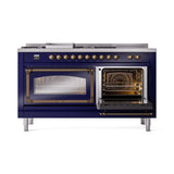 ILVE 60-Inch Nostalgie II Noblesse Natural Gas Dual Fuel Range with 7 Sealed Burners, Griddle, French Top, and Triple Glass Door Oven in Midnight Blue with Bronze Trim (UN60FSNMPMBB)