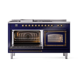 ILVE 60-Inch Nostalgie II Noblesse Natural Gas Dual Fuel Range with 7 Sealed Burners, Griddle, French Top, and Triple Glass Door Oven in Midnight Blue with Bronze Trim (UN60FSNMPMBB)