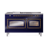 ILVE 60-Inch Nostalgie II Noblesse Natural Gas Dual Fuel Range with 7 Sealed Burners, Griddle, French Top, and Triple Glass Door Oven in Midnight Blue with Bronze Trim (UN60FSNMPMBB)