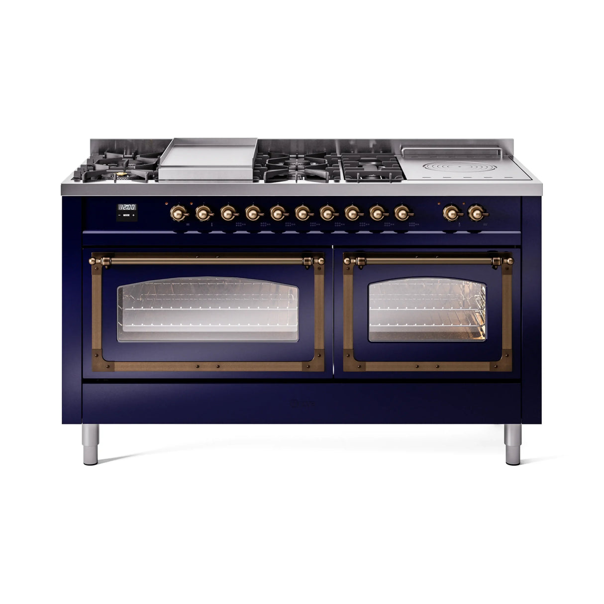 ILVE 60-Inch Nostalgie II Noblesse Natural Gas Dual Fuel Range with 7 Sealed Burners, Griddle, French Top, and Triple Glass Door Oven in Midnight Blue with Bronze Trim (UN60FSNMPMBB)