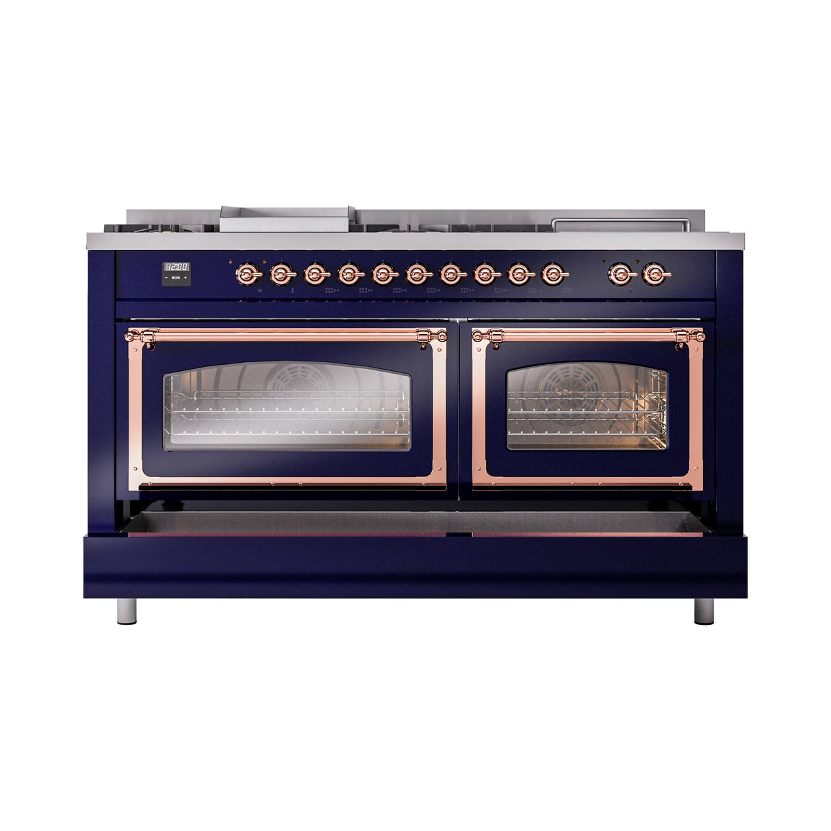ILVE 60-Inch Nostalgie II Noblesse Natural Gas Dual Fuel Range with 7 Sealed Burners, Griddle, French Top, and Triple Glass Door Oven in Midnight Blue with Copper Trim (UN60FSNMPMBP)