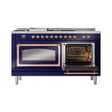 ILVE 60-Inch Nostalgie II Noblesse Natural Gas Dual Fuel Range with 7 Sealed Burners, Griddle, French Top, and Triple Glass Door Oven in Midnight Blue with Copper Trim (UN60FSNMPMBP)