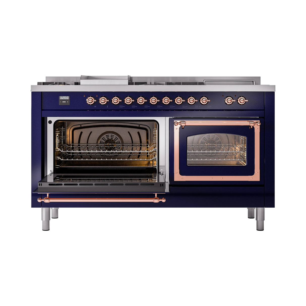 ILVE 60-Inch Nostalgie II Noblesse Natural Gas Dual Fuel Range with 7 Sealed Burners, Griddle, French Top, and Triple Glass Door Oven in Midnight Blue with Copper Trim (UN60FSNMPMBP)