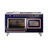 ILVE 60-Inch Nostalgie II Noblesse Natural Gas Dual Fuel Range with 7 Sealed Burners, Griddle, French Top, and Triple Glass Door Oven in Midnight Blue with Copper Trim (UN60FSNMPMBP)