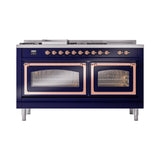ILVE 60-Inch Nostalgie II Noblesse Natural Gas Dual Fuel Range with 7 Sealed Burners, Griddle, French Top, and Triple Glass Door Oven in Midnight Blue with Copper Trim (UN60FSNMPMBP)