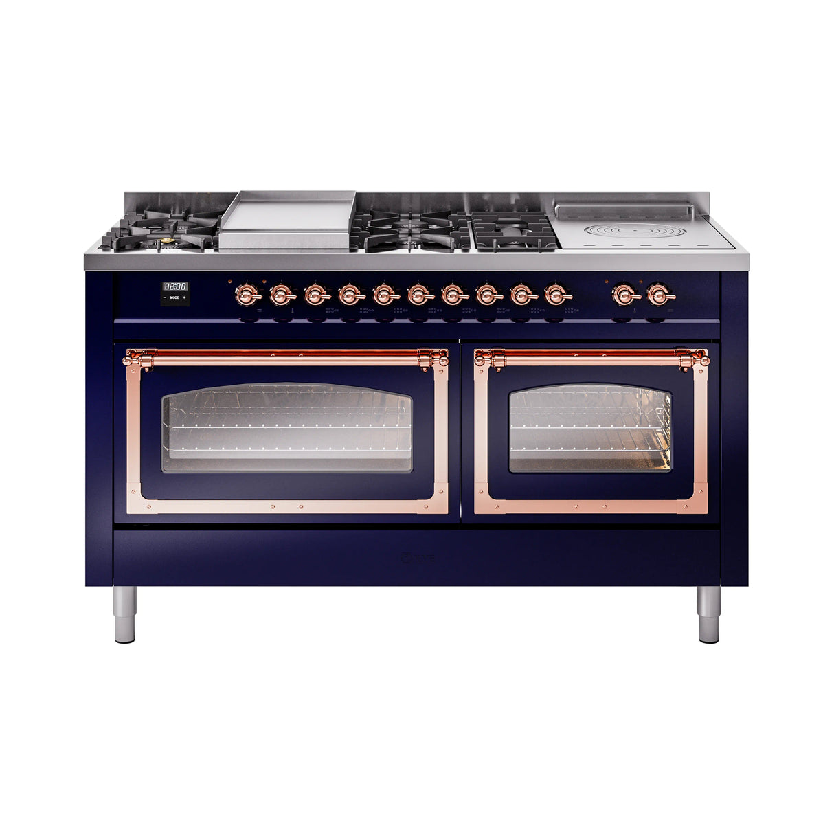 ILVE 60-Inch Nostalgie II Noblesse Natural Gas Dual Fuel Range with 7 Sealed Burners, Griddle, French Top, and Triple Glass Door Oven in Midnight Blue with Copper Trim (UN60FSNMPMBP)
