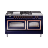 ILVE 60-Inch Nostalgie II Noblesse Natural Gas Dual Fuel Range with 7 Sealed Burners, Griddle, French Top, and Triple Glass Door Oven in Midnight Blue with Copper Trim (UN60FSNMPMBP)