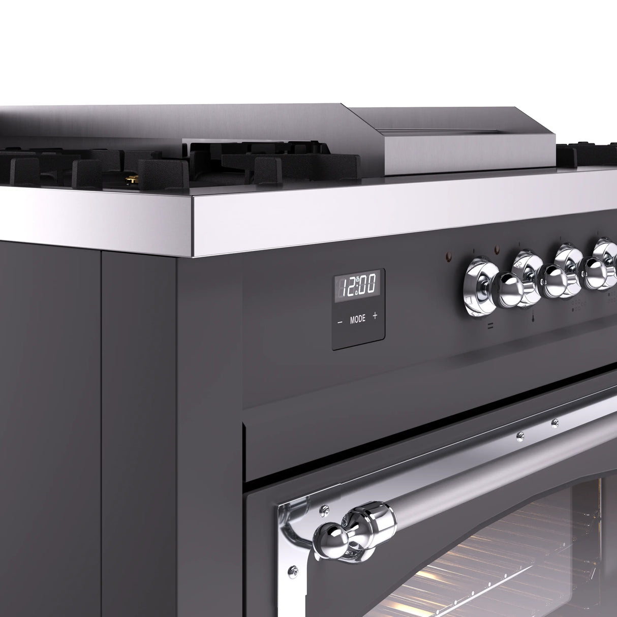 ILVE 60-Inch Nostalgie II Noblesse Propane Gas Dual Fuel Range with 7 Sealed Burners, Griddle, French Top, and Triple Glass Door Oven in Matte Graphite with Chrome Trim (UN60FSNMPMGCLP)