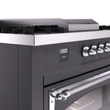 ILVE 60-Inch Nostalgie II Noblesse Propane Gas Dual Fuel Range with 7 Sealed Burners, Griddle, French Top, and Triple Glass Door Oven in Matte Graphite with Chrome Trim (UN60FSNMPMGCLP)