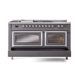 ILVE 60-Inch Nostalgie II Noblesse Propane Gas Dual Fuel Range with 7 Sealed Burners, Griddle, French Top, and Triple Glass Door Oven in Matte Graphite with Chrome Trim (UN60FSNMPMGCLP)