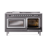 ILVE 60-Inch Nostalgie II Noblesse Propane Gas Dual Fuel Range with 7 Sealed Burners, Griddle, French Top, and Triple Glass Door Oven in Matte Graphite with Chrome Trim (UN60FSNMPMGCLP)