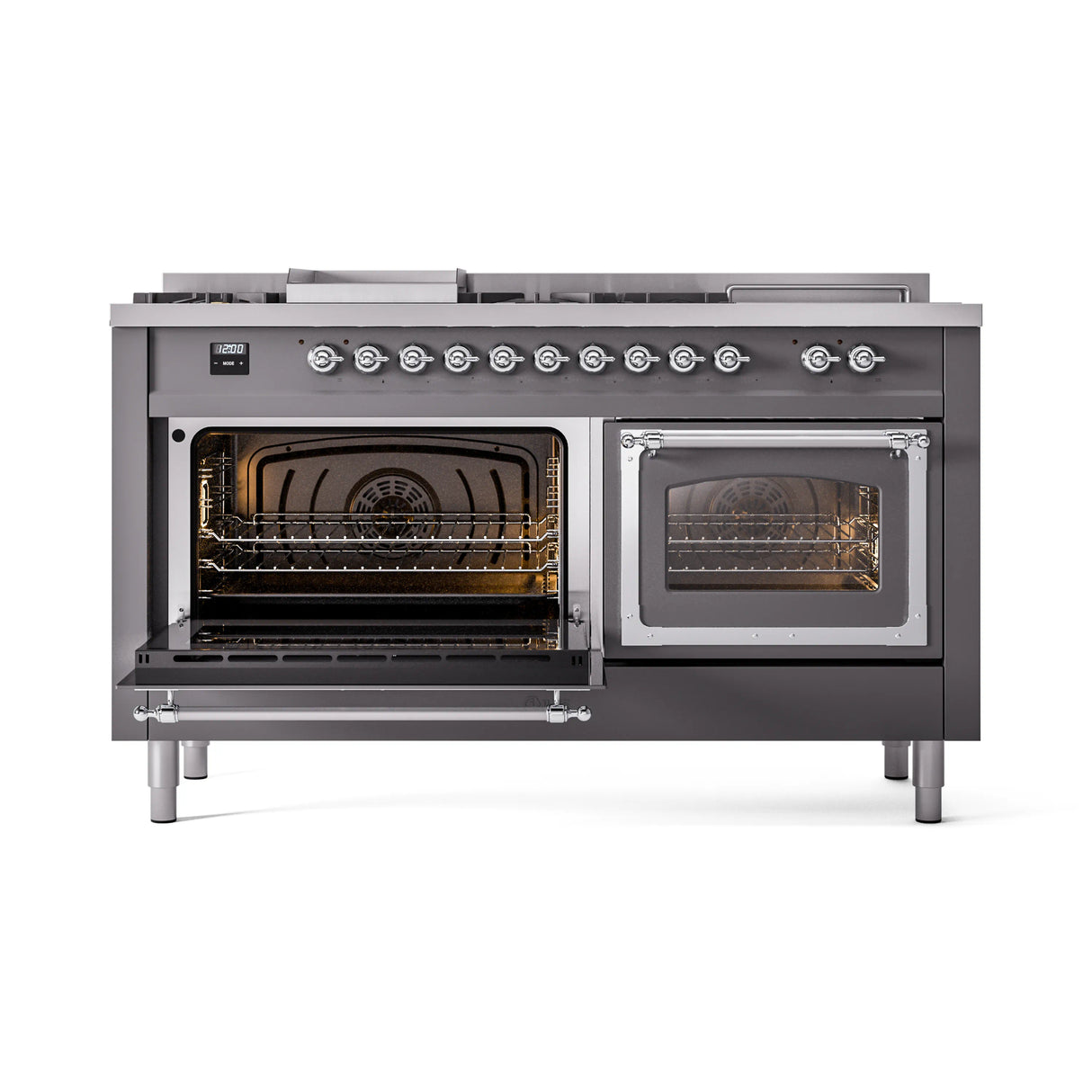 ILVE 60-Inch Nostalgie II Noblesse Propane Gas Dual Fuel Range with 7 Sealed Burners, Griddle, French Top, and Triple Glass Door Oven in Matte Graphite with Chrome Trim (UN60FSNMPMGCLP)