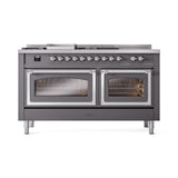 ILVE 60-Inch Nostalgie II Noblesse Propane Gas Dual Fuel Range with 7 Sealed Burners, Griddle, French Top, and Triple Glass Door Oven in Matte Graphite with Chrome Trim (UN60FSNMPMGCLP)