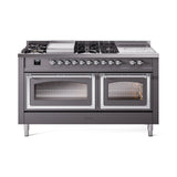 ILVE 60-Inch Nostalgie II Noblesse Propane Gas Dual Fuel Range with 7 Sealed Burners, Griddle, French Top, and Triple Glass Door Oven in Matte Graphite with Chrome Trim (UN60FSNMPMGCLP)