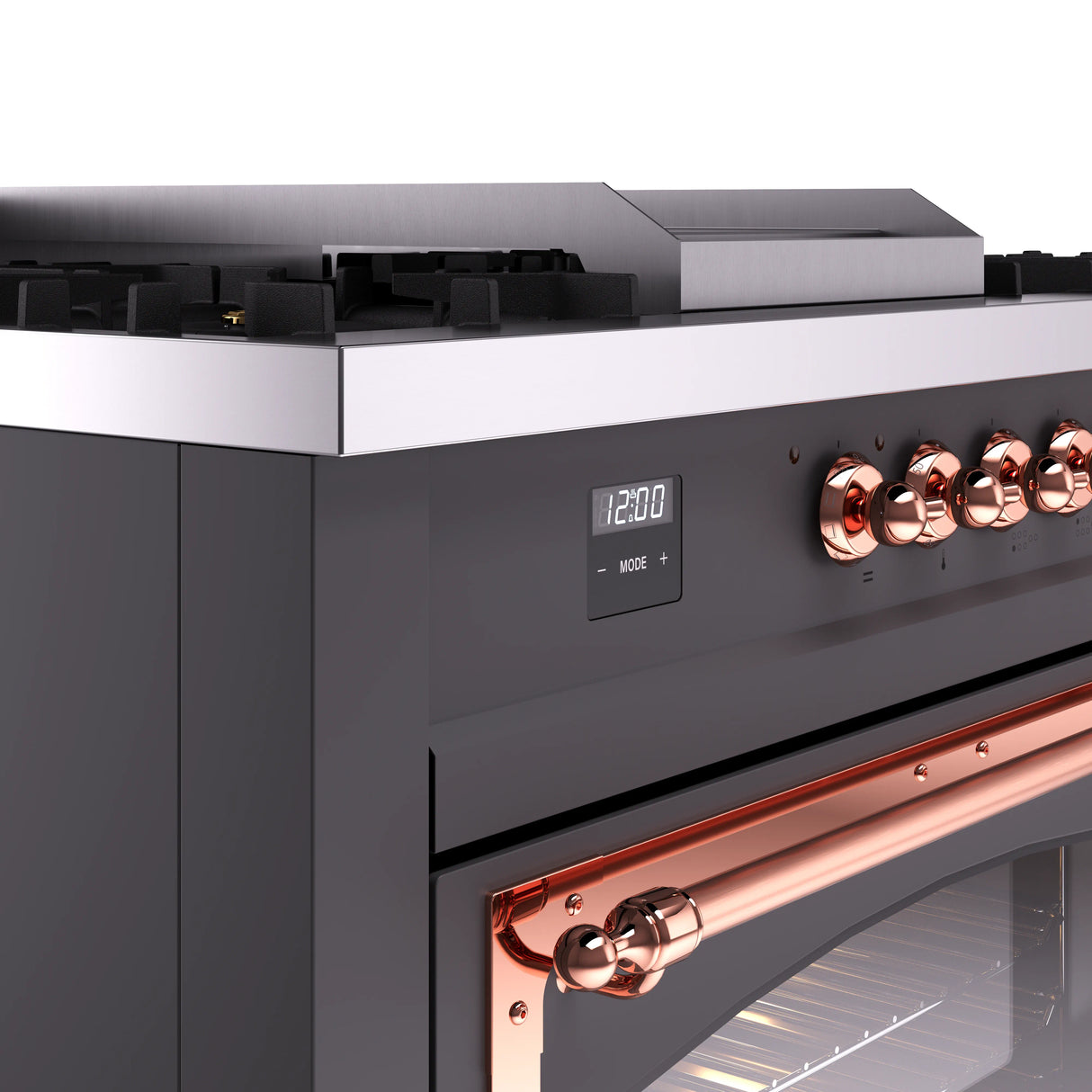 ILVE 60-Inch Nostalgie II Noblesse Propane Gas Dual Fuel Range with 7 Sealed Burners, Griddle, French Top, and Triple Glass Door Oven in Matte Graphite with Copper Trim (UN60FSNMPMGPLP)