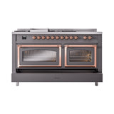 ILVE 60-Inch Nostalgie II Noblesse Propane Gas Dual Fuel Range with 7 Sealed Burners, Griddle, French Top, and Triple Glass Door Oven in Matte Graphite with Copper Trim (UN60FSNMPMGPLP)