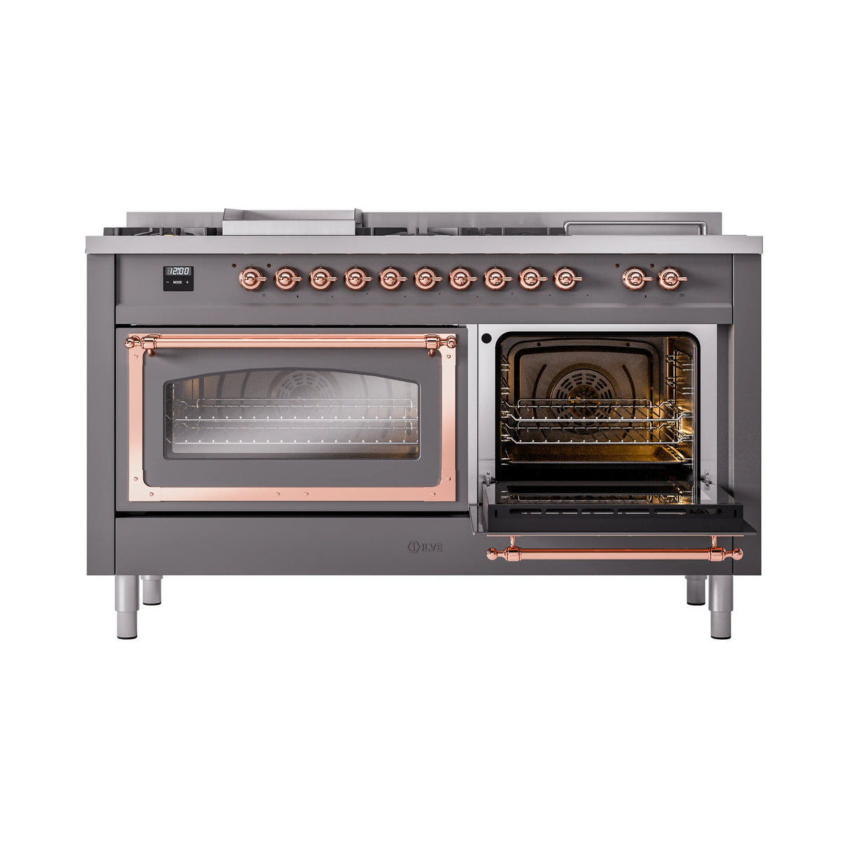 ILVE 60-Inch Nostalgie II Noblesse Propane Gas Dual Fuel Range with 7 Sealed Burners, Griddle, French Top, and Triple Glass Door Oven in Matte Graphite with Copper Trim (UN60FSNMPMGPLP)