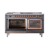 ILVE 60-Inch Nostalgie II Noblesse Propane Gas Dual Fuel Range with 7 Sealed Burners, Griddle, French Top, and Triple Glass Door Oven in Matte Graphite with Copper Trim (UN60FSNMPMGPLP)