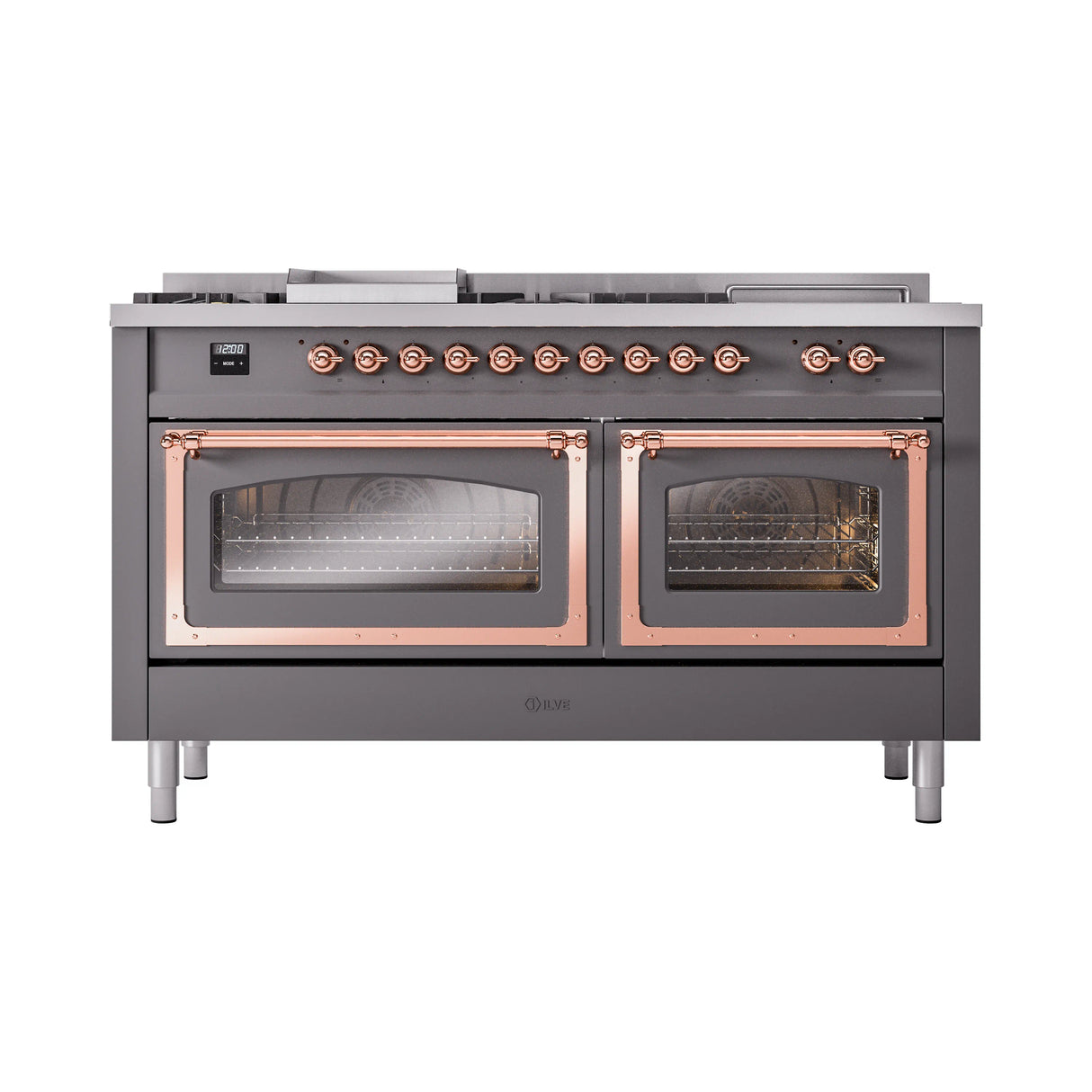 ILVE 60-Inch Nostalgie II Noblesse Propane Gas Dual Fuel Range with 7 Sealed Burners, Griddle, French Top, and Triple Glass Door Oven in Matte Graphite with Copper Trim (UN60FSNMPMGPLP)
