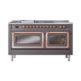 ILVE 60-Inch Nostalgie II Noblesse Propane Gas Dual Fuel Range with 7 Sealed Burners, Griddle, French Top, and Triple Glass Door Oven in Matte Graphite with Copper Trim (UN60FSNMPMGPLP)