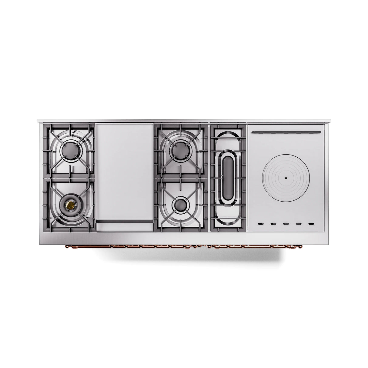 ILVE 60-Inch Nostalgie II Noblesse Propane Gas Dual Fuel Range with 7 Sealed Burners, Griddle, French Top, and Triple Glass Door Oven in Matte Graphite with Copper Trim (UN60FSNMPMGPLP)
