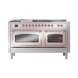 ILVE 60-Inch Nostalgie II Noblesse Propane Gas Dual Fuel Range with 7 Sealed Burners, Griddle, French Top and Triple Glass Door Oven in Stainless Steel with Copper Trim (UN60FSNMPSSPLP)