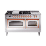 ILVE 60-Inch Nostalgie II Noblesse Propane Gas Dual Fuel Range with 7 Sealed Burners, Griddle, French Top and Triple Glass Door Oven in Stainless Steel with Copper Trim (UN60FSNMPSSPLP)