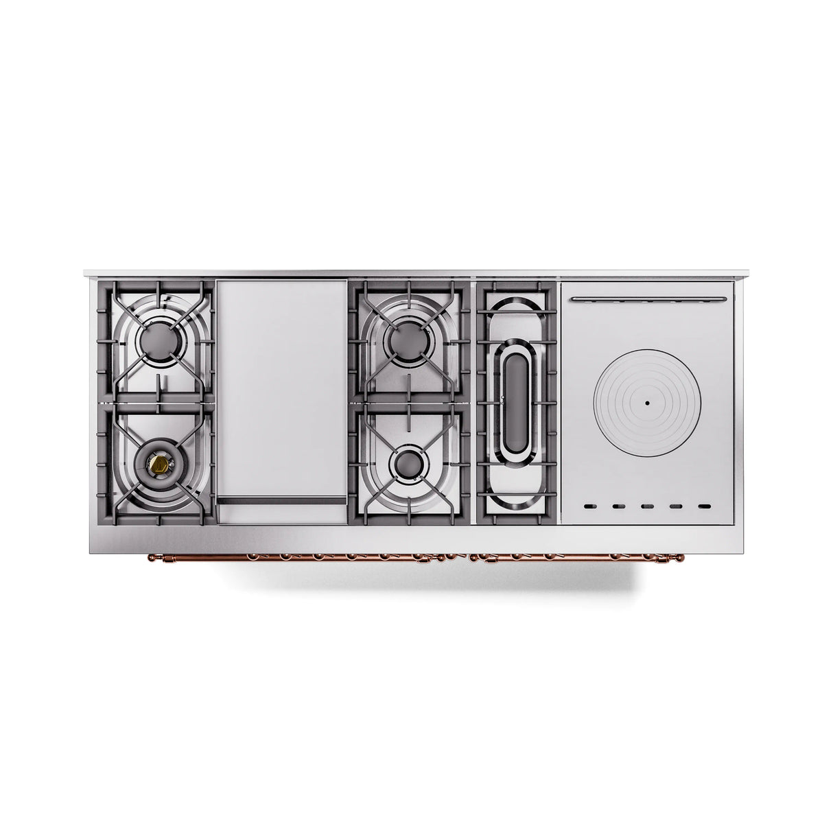 ILVE 60-Inch Nostalgie II Noblesse Propane Gas Dual Fuel Range with 7 Sealed Burners, Griddle, French Top and Triple Glass Door Oven in Stainless Steel with Copper Trim (UN60FSNMPSSPLP)