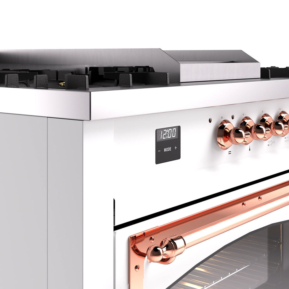 ILVE 60-Inch Nostalgie II Noblesse Natural Gas Dual Fuel Range with 7 Sealed Burners, Griddle, French Top, and Triple Glass Door Oven in White with Copper Trim (UN60FSNMPWHP)