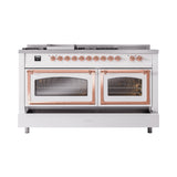 ILVE 60-Inch Nostalgie II Noblesse Natural Gas Dual Fuel Range with 7 Sealed Burners, Griddle, French Top, and Triple Glass Door Oven in White with Copper Trim (UN60FSNMPWHP)