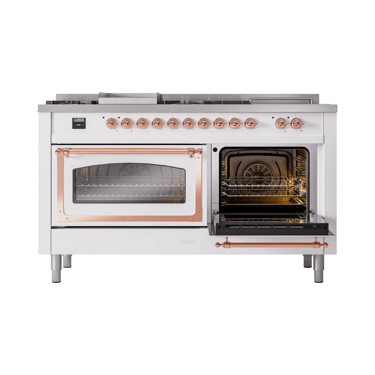 ILVE 60-Inch Nostalgie II Noblesse Natural Gas Dual Fuel Range with 7 Sealed Burners, Griddle, French Top, and Triple Glass Door Oven in White with Copper Trim (UN60FSNMPWHP)