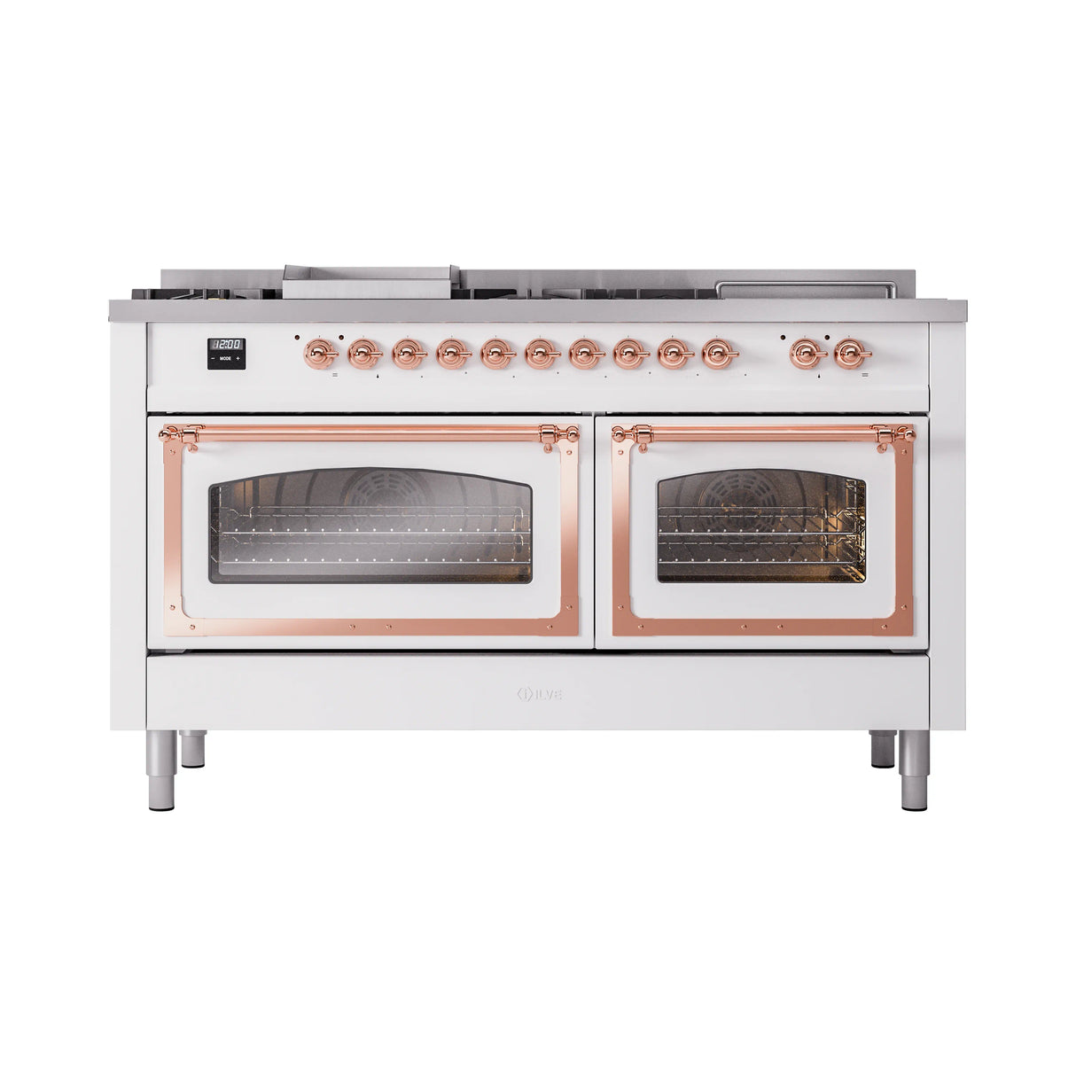 ILVE 60-Inch Nostalgie II Noblesse Natural Gas Dual Fuel Range with 7 Sealed Burners, Griddle, French Top, and Triple Glass Door Oven in White with Copper Trim (UN60FSNMPWHP)
