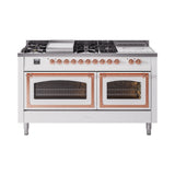 ILVE 60-Inch Nostalgie II Noblesse Natural Gas Dual Fuel Range with 7 Sealed Burners, Griddle, French Top, and Triple Glass Door Oven in White with Copper Trim (UN60FSNMPWHP)