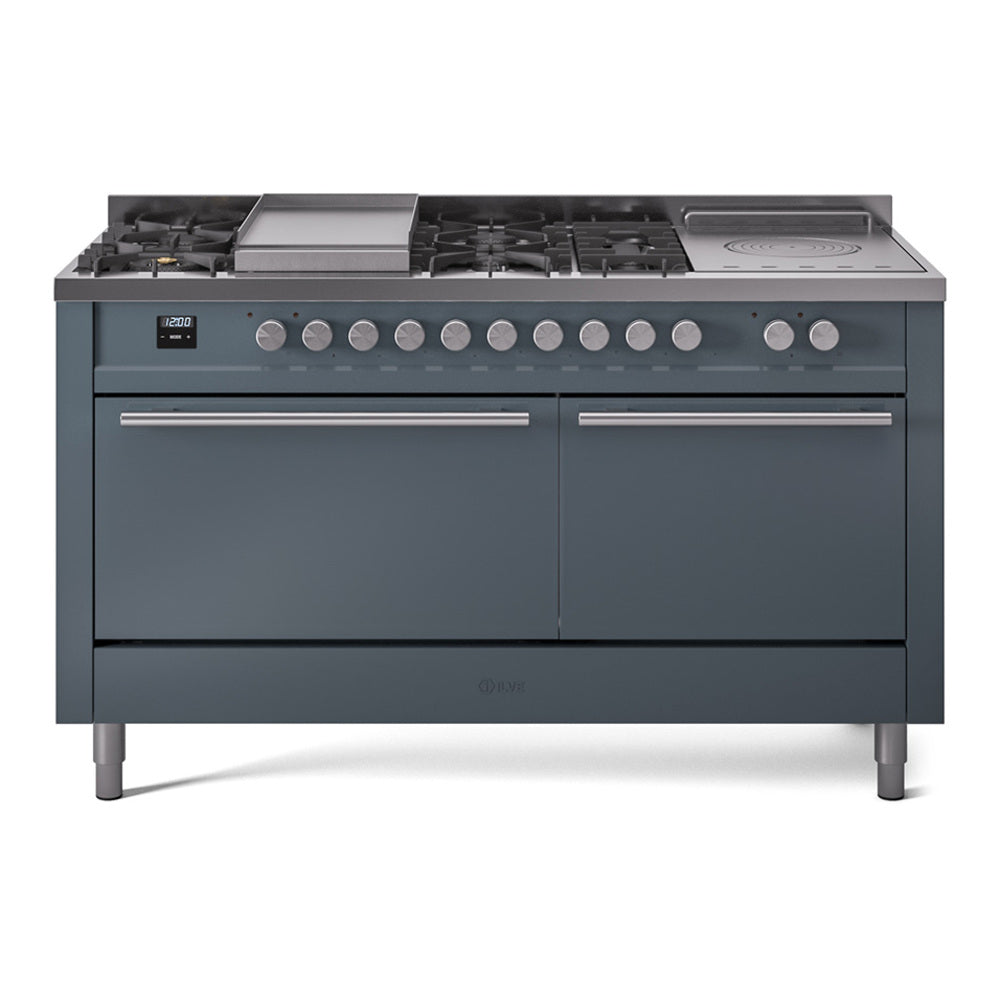 ILVE Professional Plus II 60-Inch Natural Gas Dual Fuel Range with 7 Burners, Griddle, & French Top with Solid Door Oven in Blue Grey (UP60FSQMPBG)