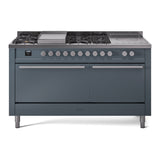 ILVE Professional Plus II 60-Inch Natural Gas Dual Fuel Range with 7 Burners, Griddle, & French Top with Solid Door Oven in Blue Grey (UP60FSQMPBG)