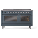 ILVE Professional Plus II 60-Inch Natural Gas Dual Fuel Range with 7 Burners, Griddle, & French Top with Solid Door Oven in Blue Grey (UP60FSQMPBG)