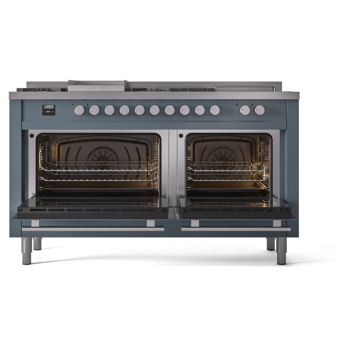 ILVE Professional Plus II 60-Inch Natural Gas Dual Fuel Range with 7 Burners, Griddle, & French Top with Solid Door Oven in Blue Grey (UP60FSQMPBG)