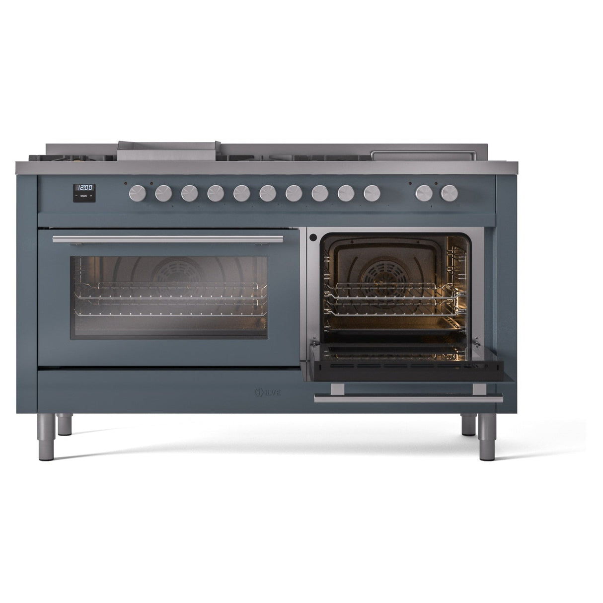 ILVE Professional Plus II 60-Inch Natural Gas Dual Fuel Range with 7 Burners, Griddle, & French Top with Solid Door Oven in Blue Grey (UP60FSQMPBG)