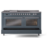 ILVE Professional Plus II 60-Inch Natural Gas Dual Fuel Range with 7 Burners, Griddle, & French Top with Solid Door Oven in Blue Grey (UP60FSQMPBG)