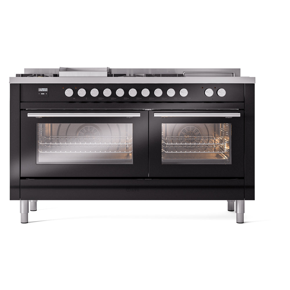 ILVE Professional Plus II 60-Inch Propane Gas Dual Fuel Range with 7 Burners, Griddle, & French Top with Solid Door Oven in Glossy Black (UP60FSQMPBKLP)