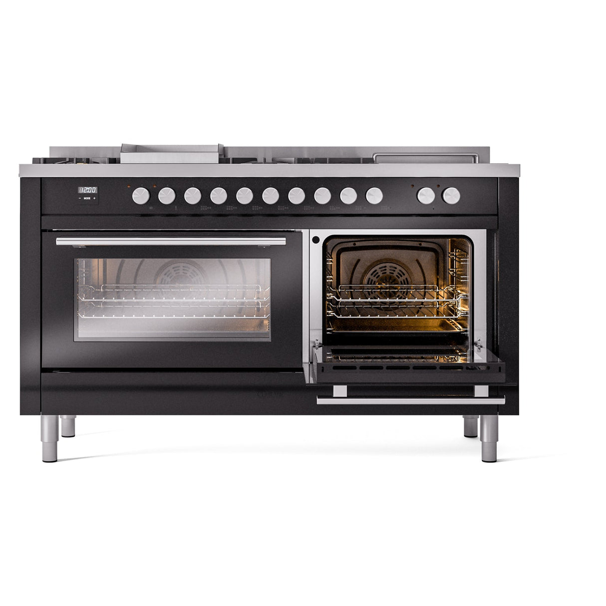 ILVE Professional Plus II 60-Inch Propane Gas Dual Fuel Range with 7 Burners, Griddle, & French Top with Solid Door Oven in Glossy Black (UP60FSQMPBKLP)