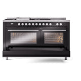 ILVE Professional Plus II 60-Inch Propane Gas Dual Fuel Range with 7 Burners, Griddle, & French Top with Solid Door Oven in Glossy Black (UP60FSQMPBKLP)